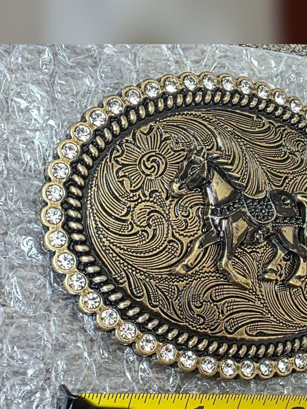 Ornate Rhinestone Horse Belt Buckle